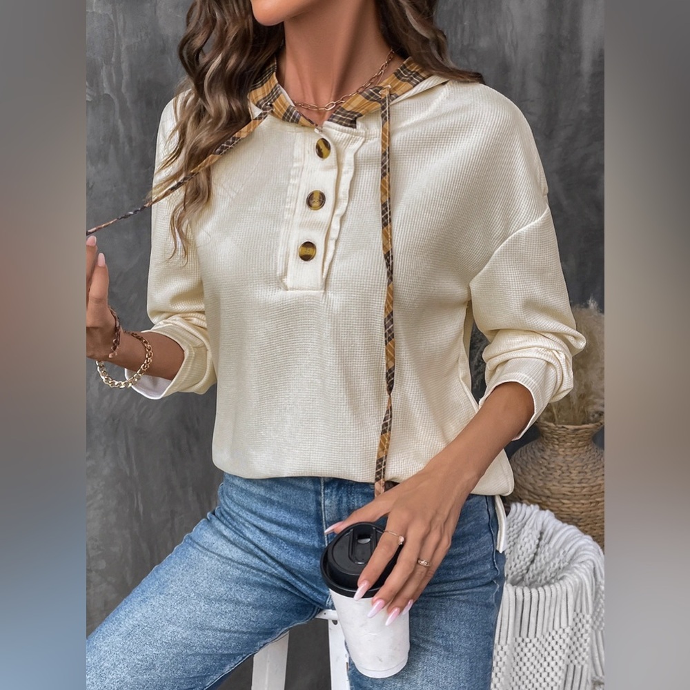 Cream and Plaid Drawstring Hoodie- ChampGirls